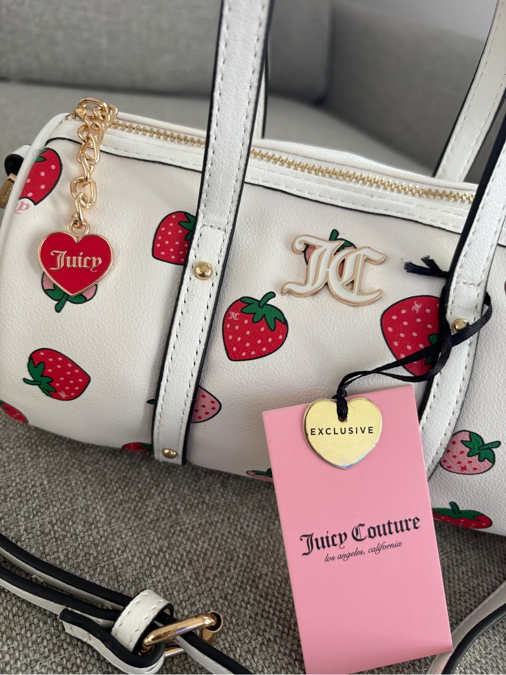 Juicy Couture White Barrel Crossbody with Red Strawberry Print and Gold Hardware - Picture 3 of 7